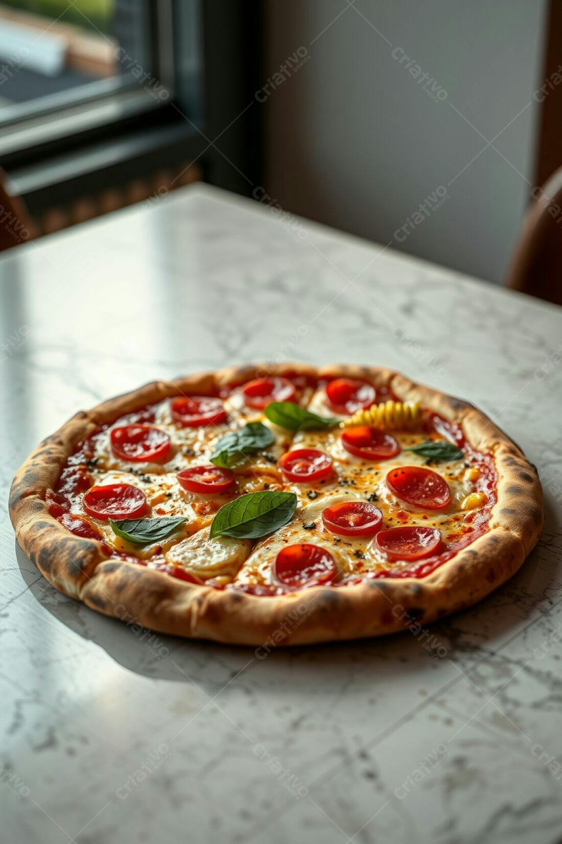 Pizza Margherita com tomate cereja e manjericão