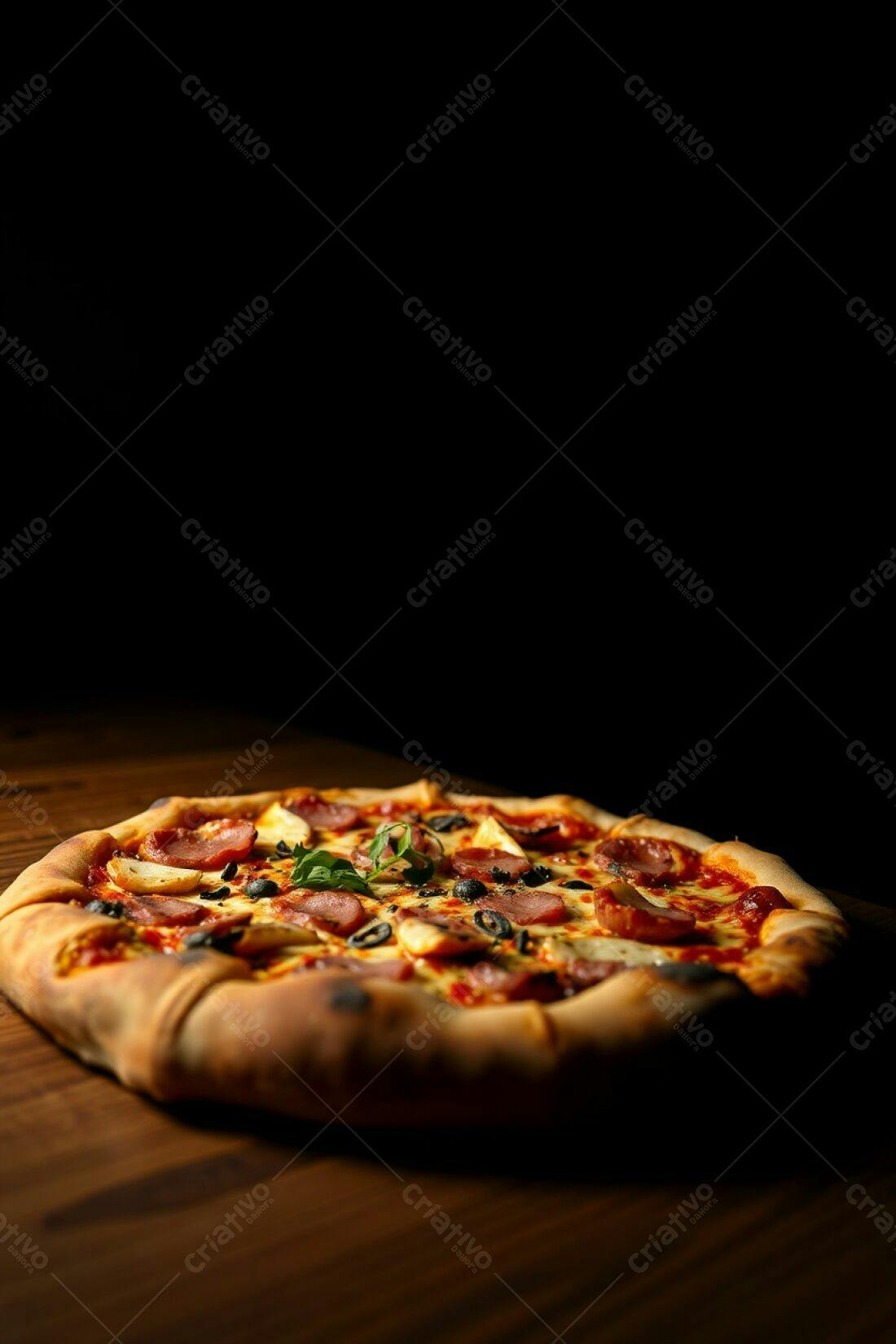 Pizza de Calabresa e Azeitonas em Mesa de Madeira