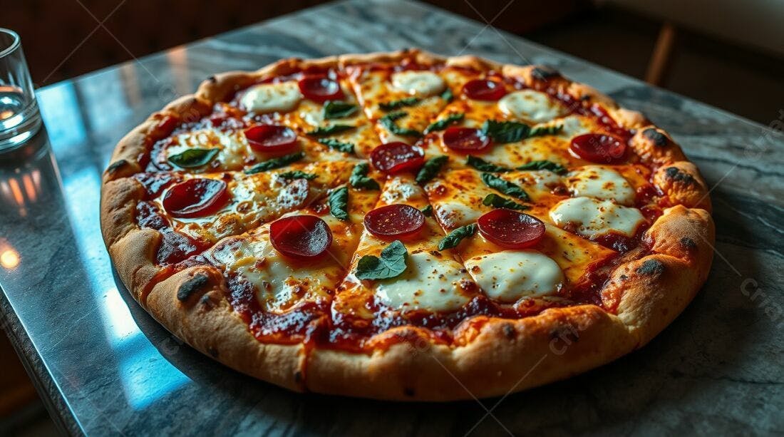 Pizza de Pepperoni com Muçarela e Manjericão