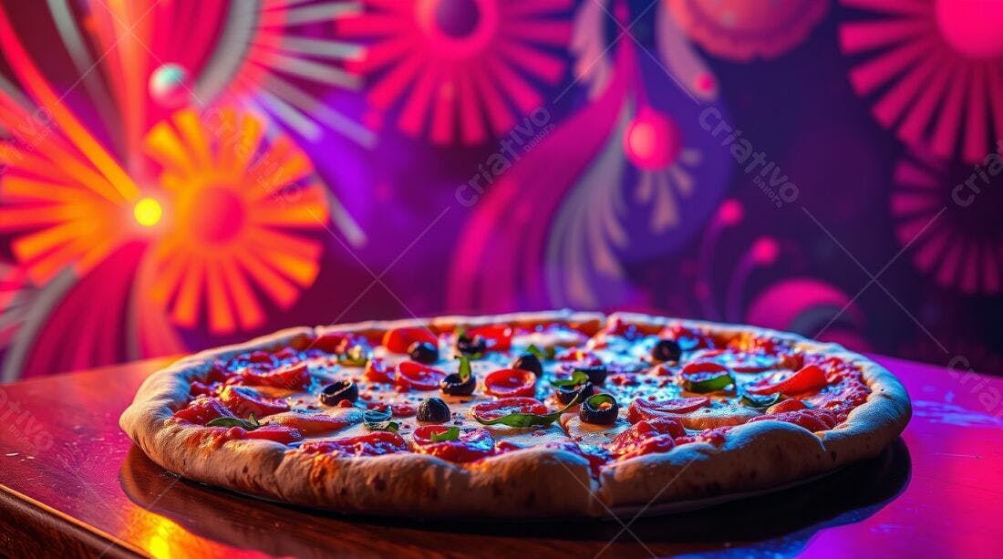 Pizza saborosa com pepperoni e azeitonas fundo vibrante