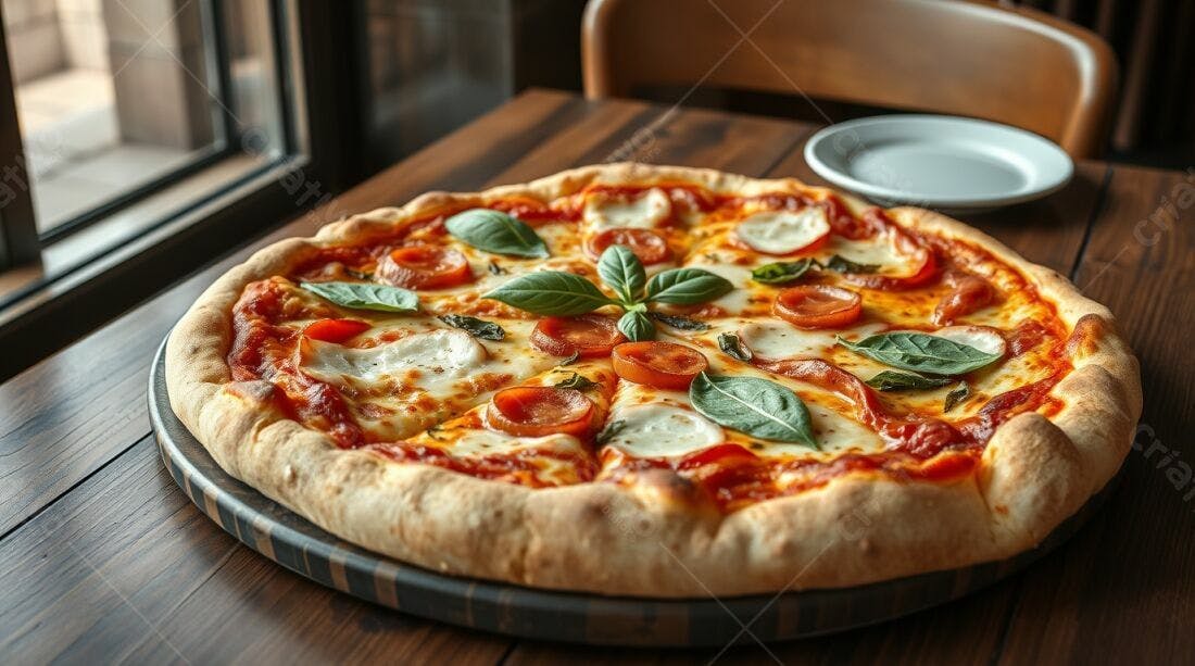 Pizza Margherita com tomates frescos e manjericão