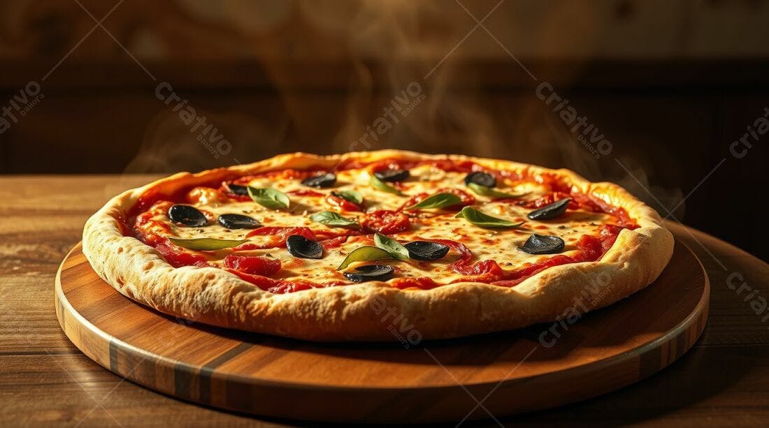 Pizza quentinha com azeitonas pretas e manjericão