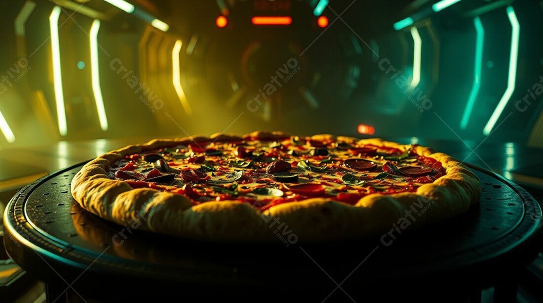 Pizza deliciosa em ambiente futurista