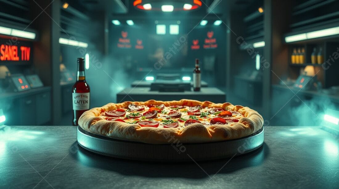Pizza Pepperoni em ambiente futurista