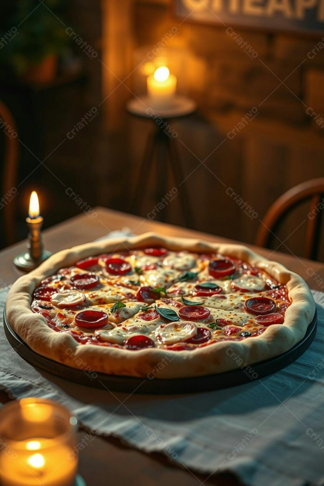 Pizza de Calabresa com Muçarela em Ambiente Romântico