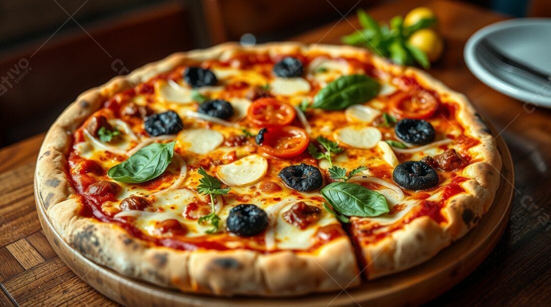 Pizza deliciosa com azeitonas pretas tomates e cebola