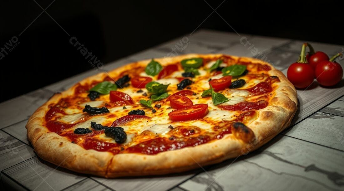 Pizza deliciosa com tomates cereja e azeitonas