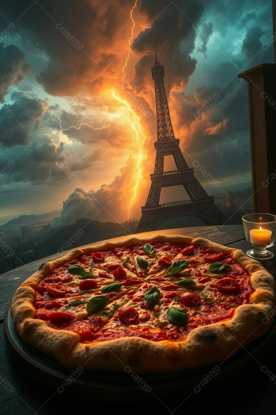 Pizza com vista da Torre Eiffel e tempestade