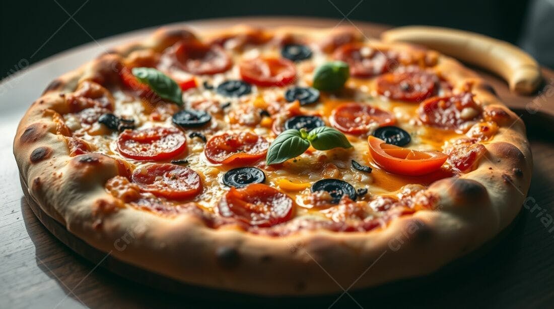 Pizza deliciosa com pepperoni tomate e azeitonas
