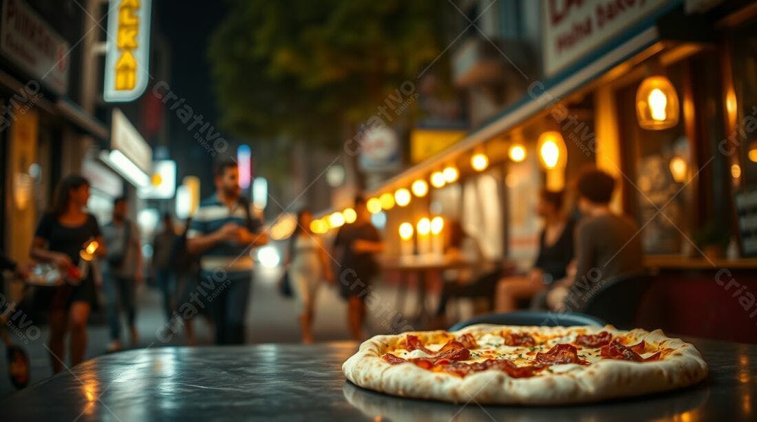 Pizza deliciosa em noite de cidade