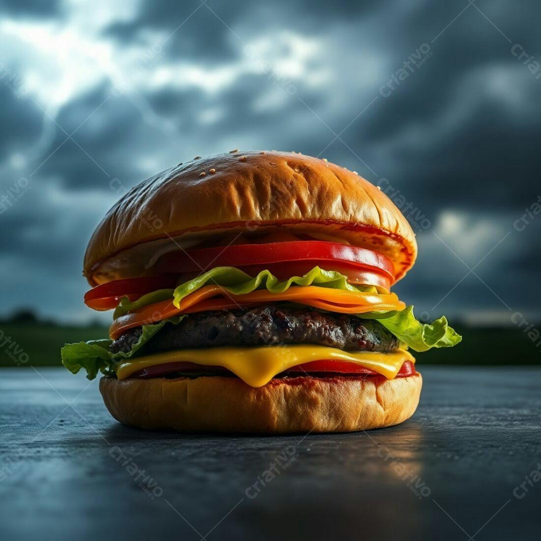 Cheeseburger suculento sob céu tempestuoso