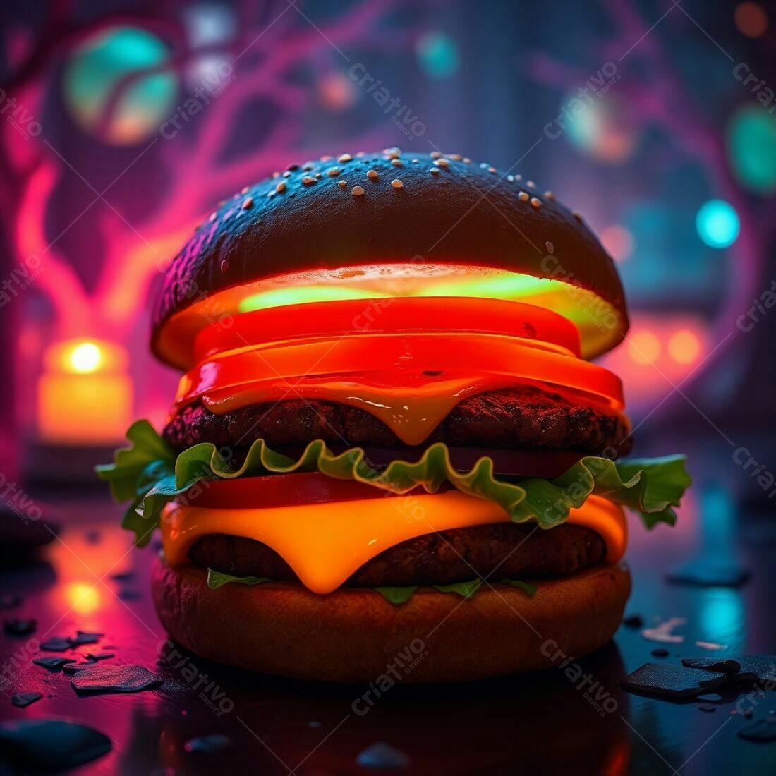 Hambúrguer Neon em Cenário Cyberpunk