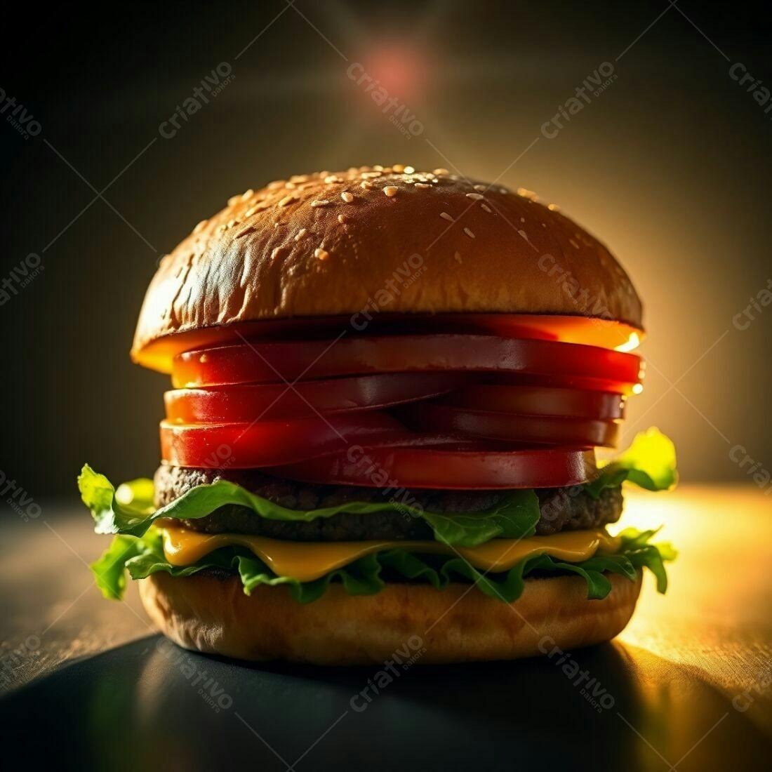 Hambúrguer suculento com muitas fatias de tomate