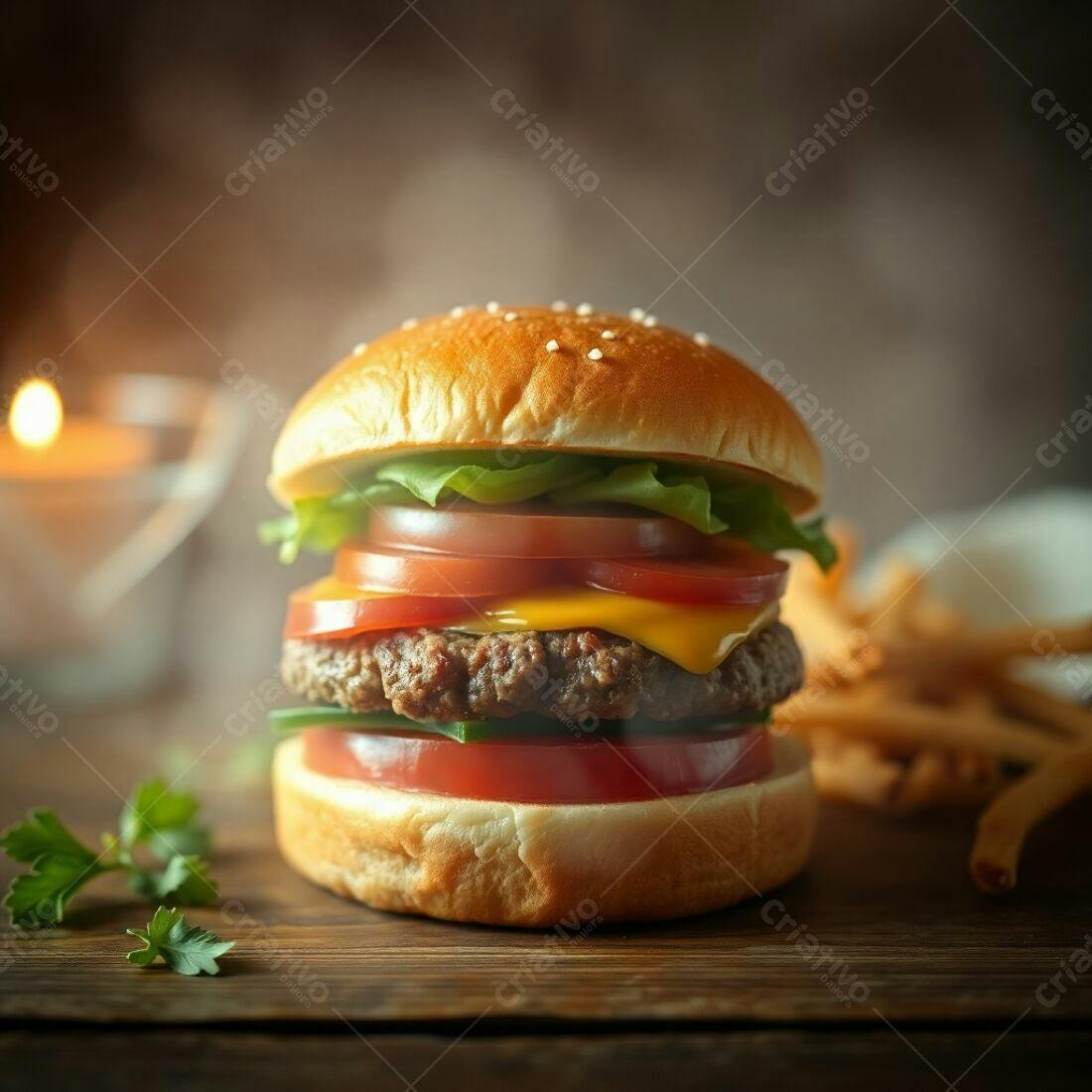 Hambúrguer suculento com queijo cheddar e batatas fritas