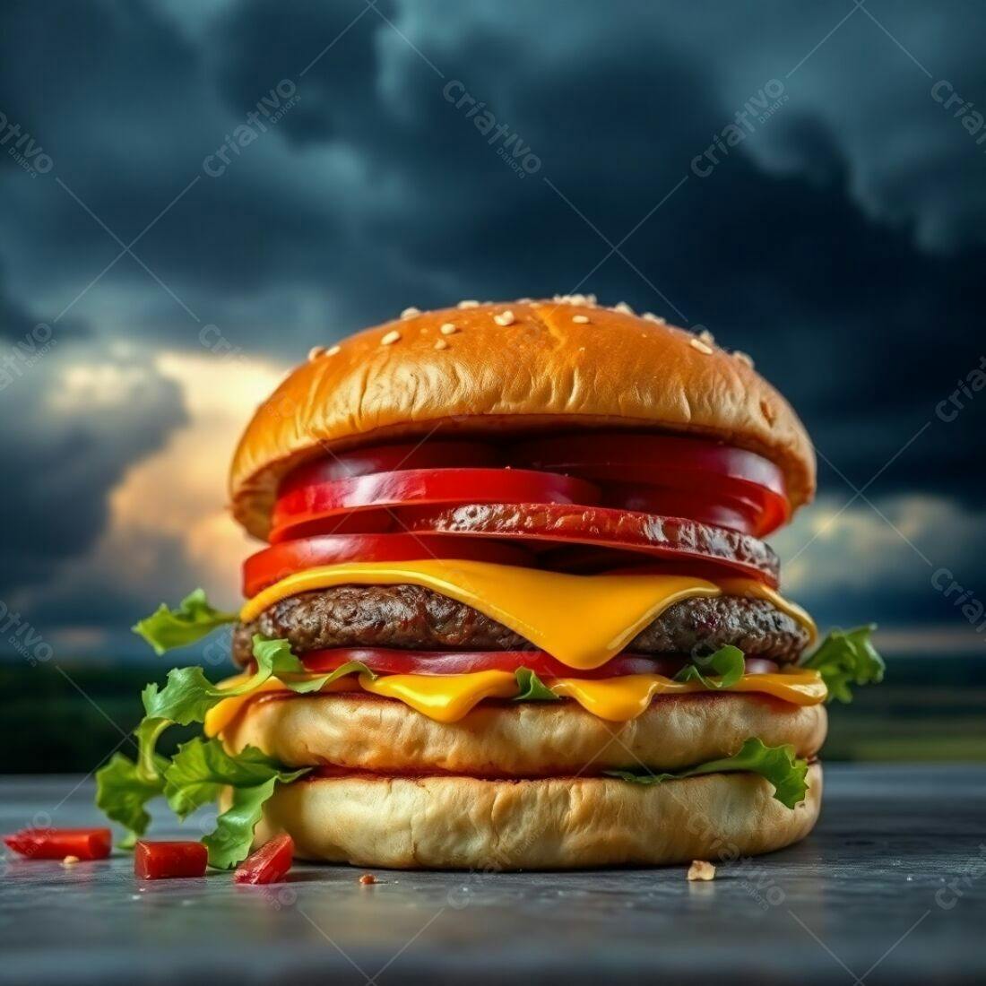 Hambúrguer suculento com queijo e tomate sob céu dramático
