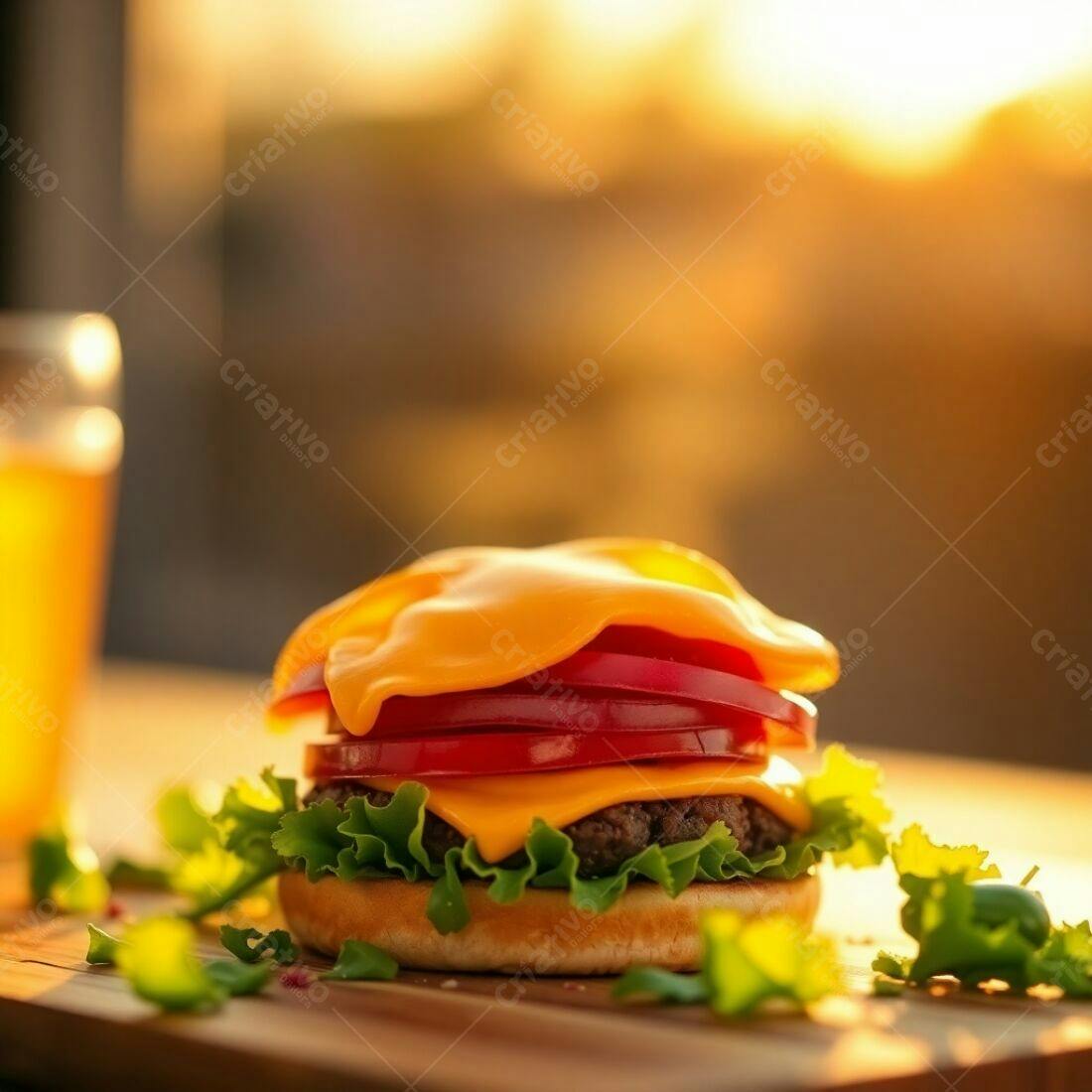 Hambúrguer suculento ao pôr do sol