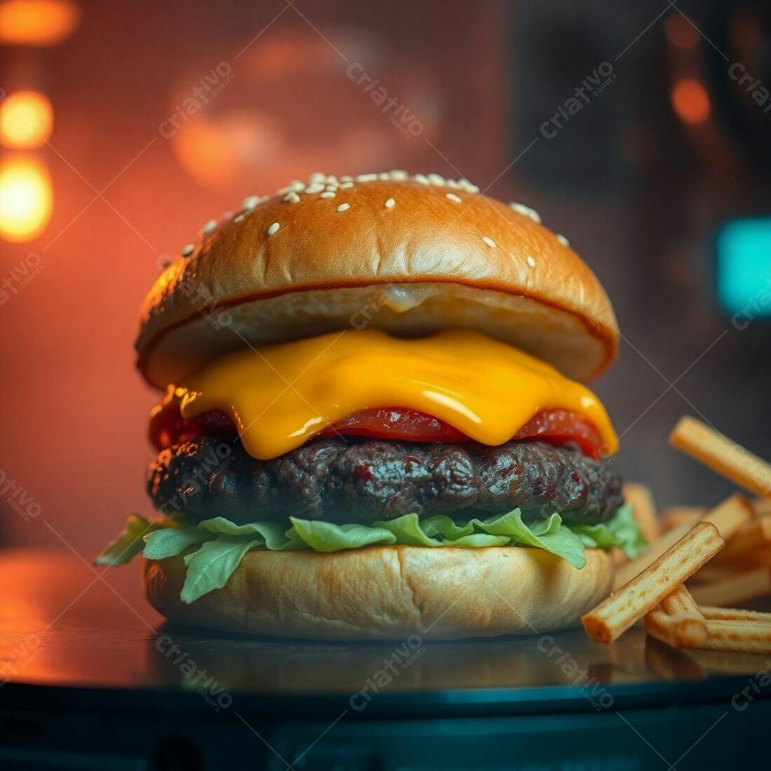 Hambúrguer suculento com queijo derretido e batatas