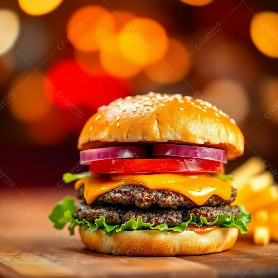 Hambúrguer duplo com queijo cheddar e batatas fritas
