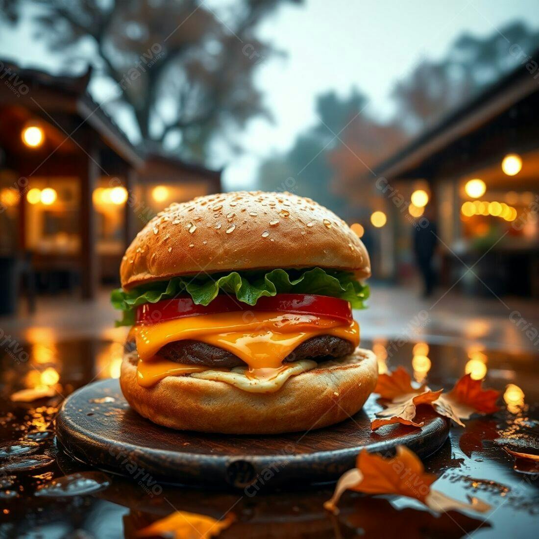 Cheeseburger suculento em noite chuvosa