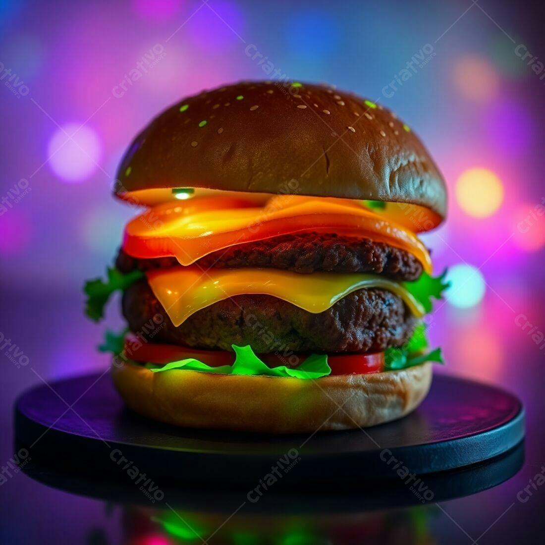 Hambúrguer duplo com queijo em fundo neon