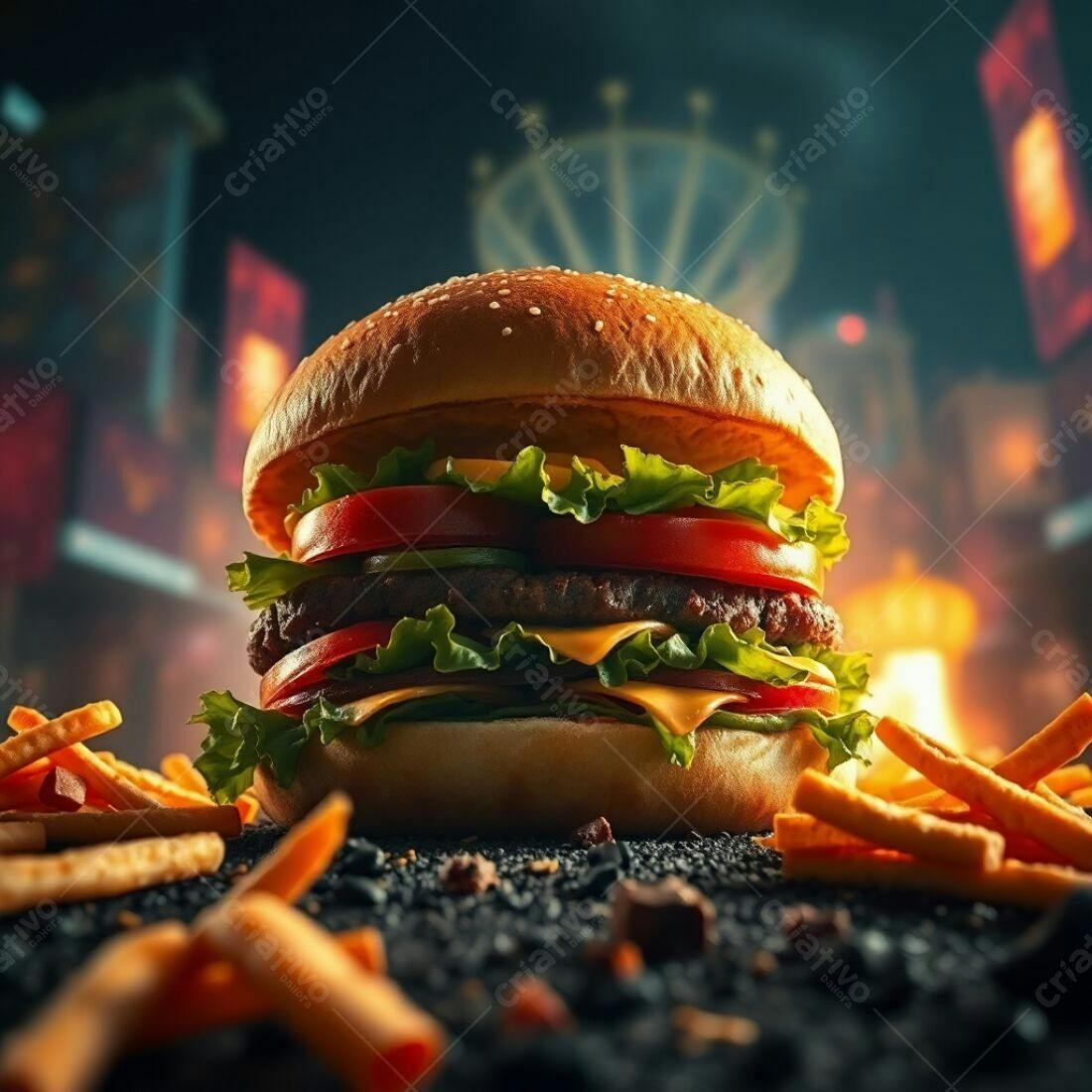 Hambúrguer Duplo com Batatas em Ambiente Noturno