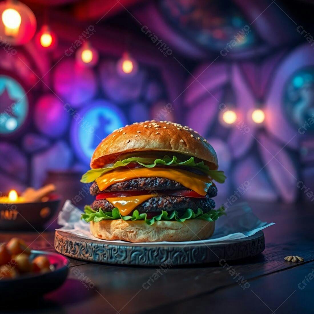 Duplo Cheeseburger em ambiente noturno