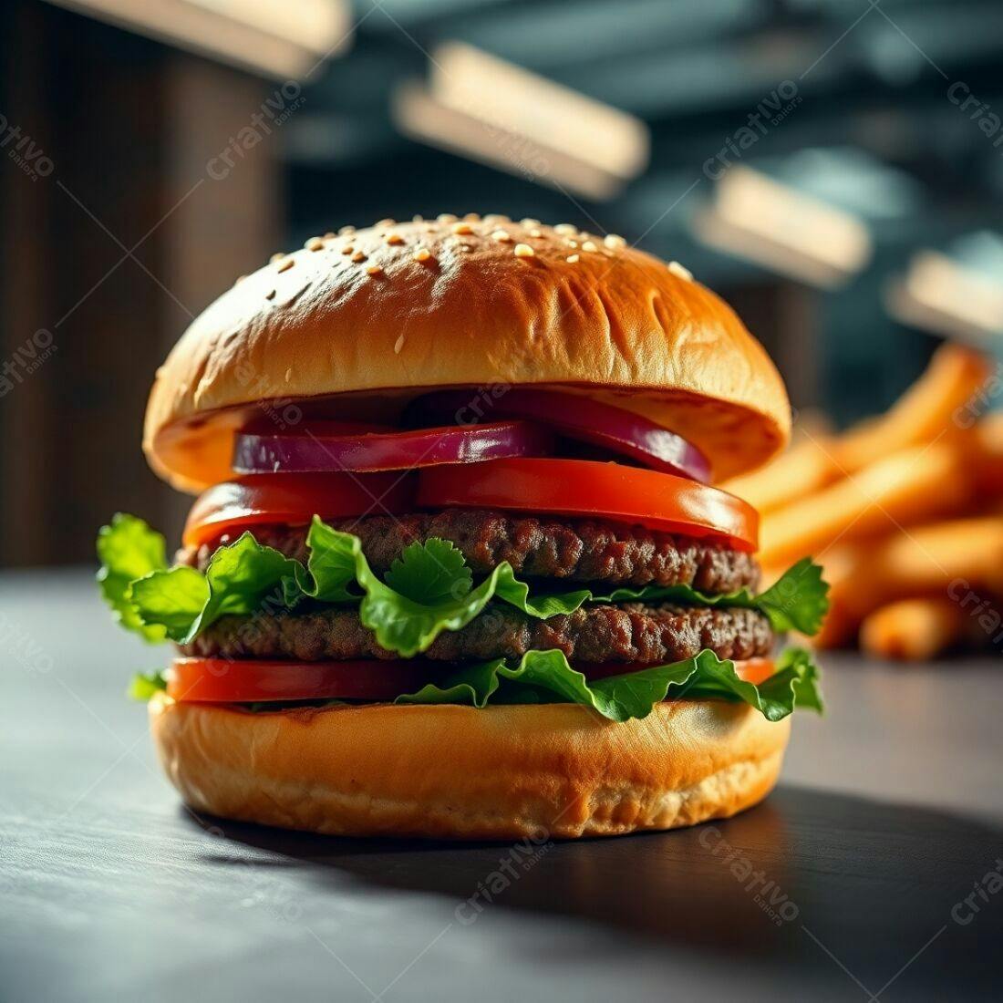 Hambúrguer suculento com alface e tomate