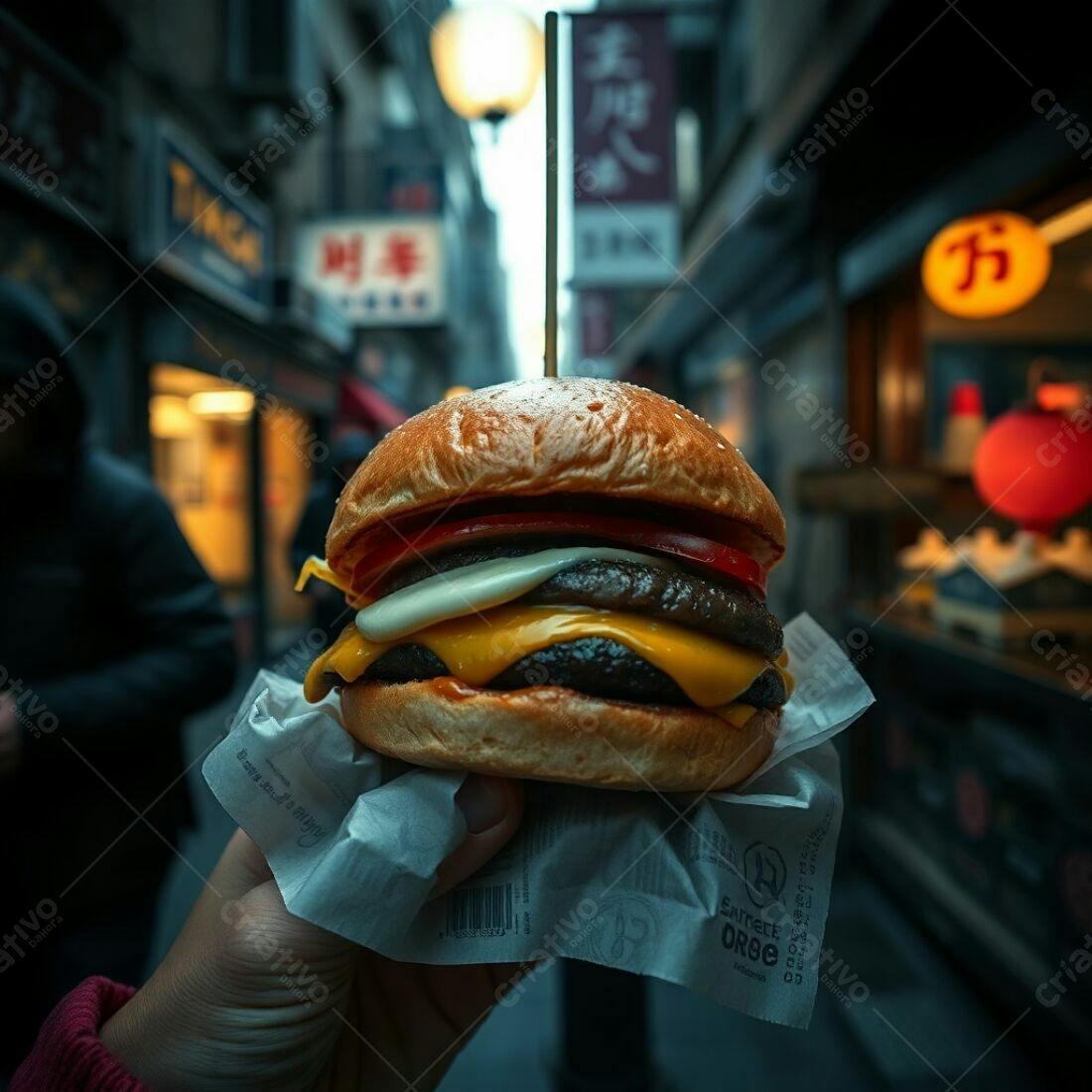 Hambúrguer duplo em rua asiática noturna
