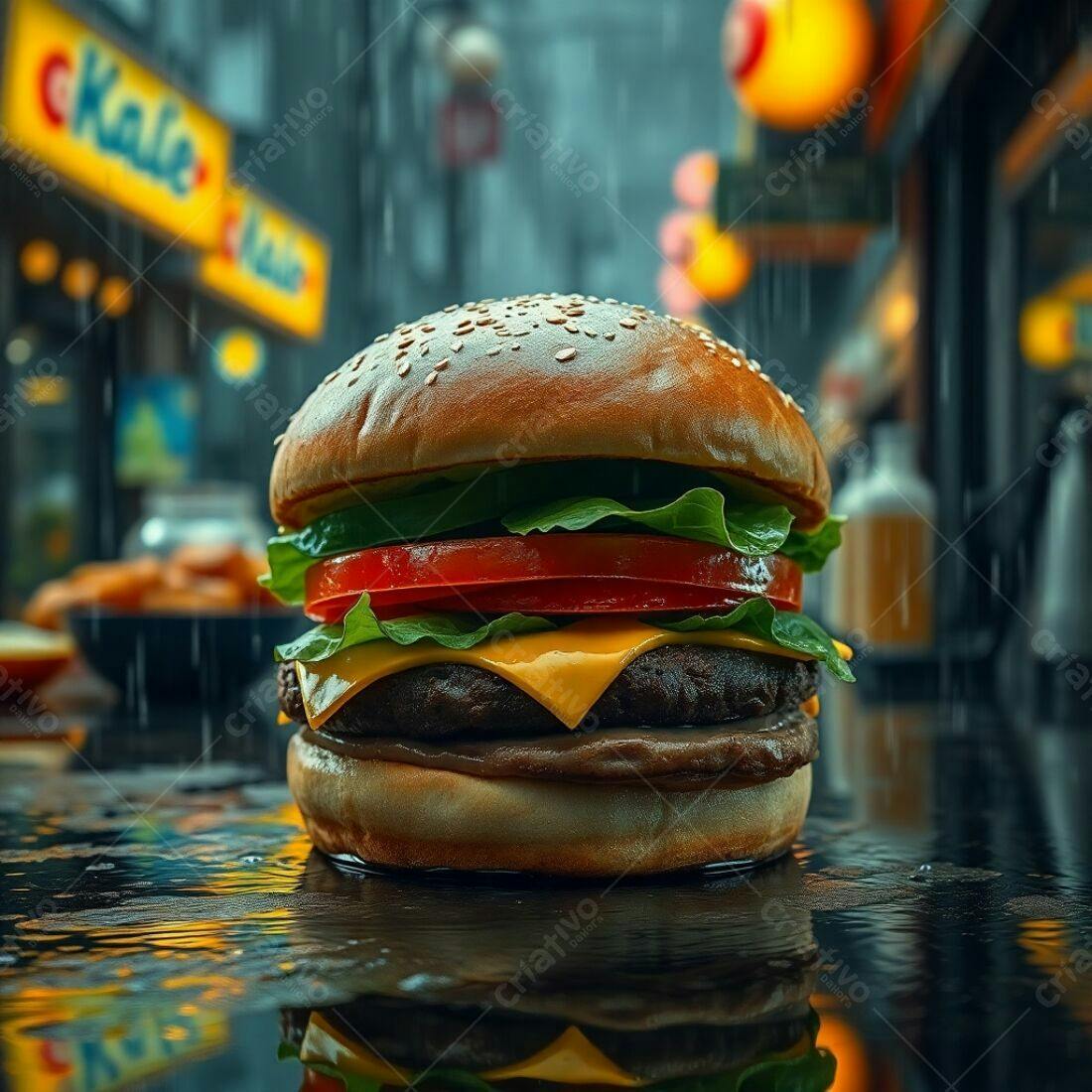 Hambúrguer suculento sob chuva de verão