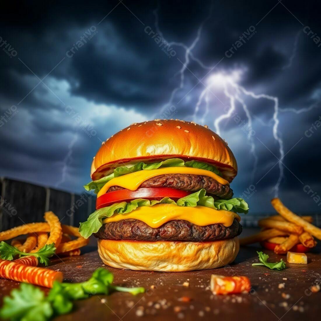 Hambúrguer Duplo com Batatas em Dia de Tempestade