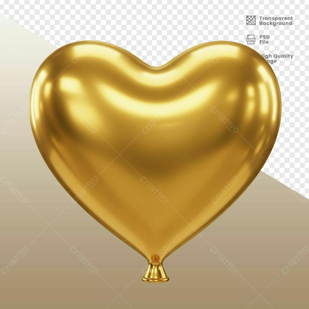 Balão em Formato de Coração Dourado PSD Editável