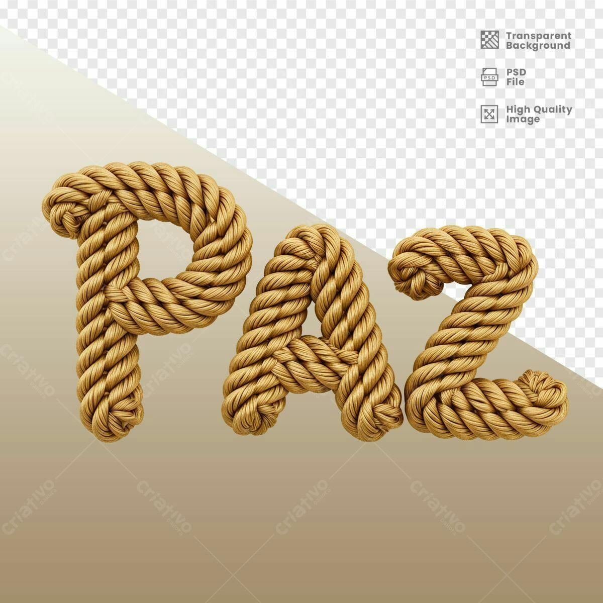 Arte com a palavra Paz em corda dourada PSD Editável