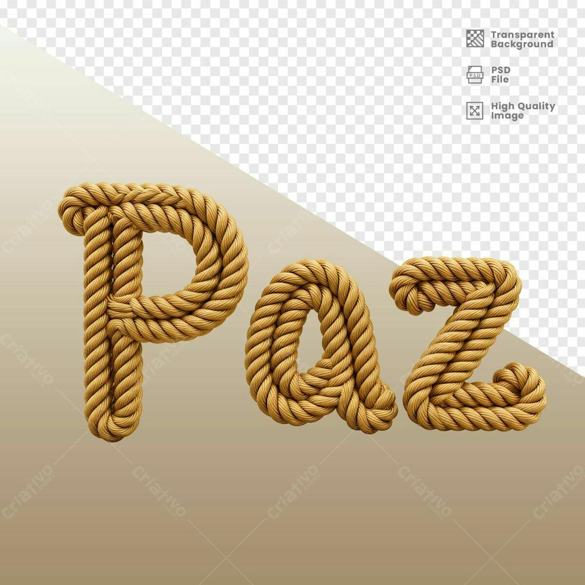 Arte com a palavra Paz em corda dourada PSD Editável