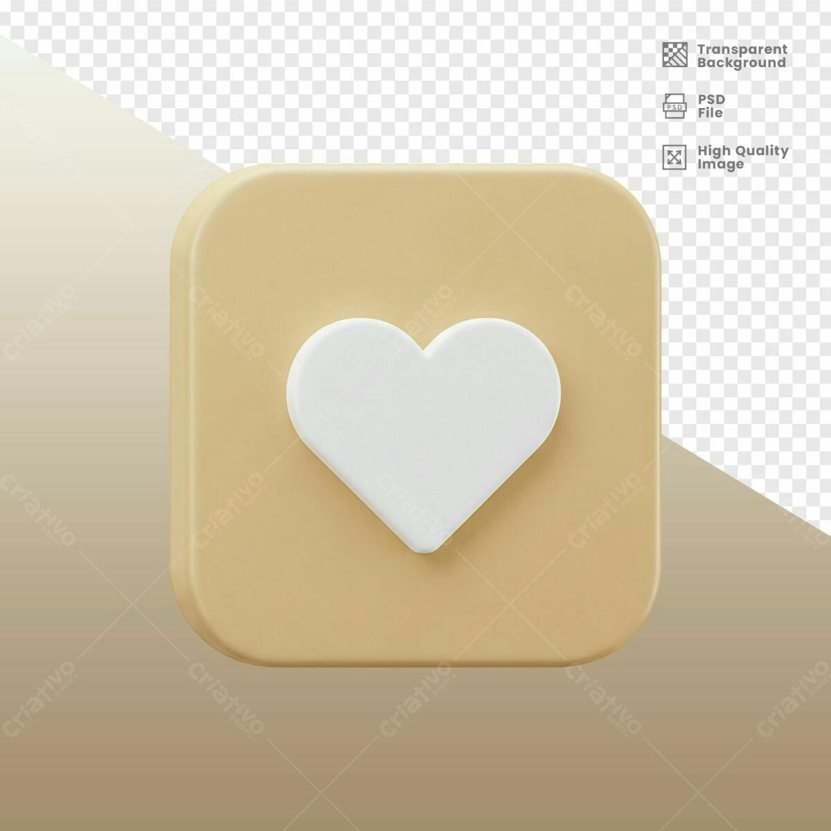 Ícone Coração 3D Bege e Branco PSD Editável
