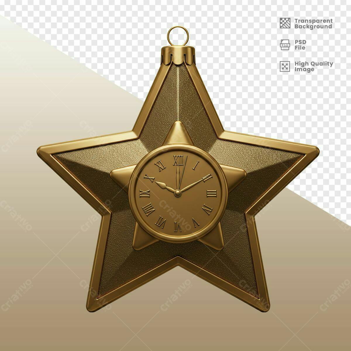 Enfeite de Natal Estrela Dourada com Relógio PSD Editável