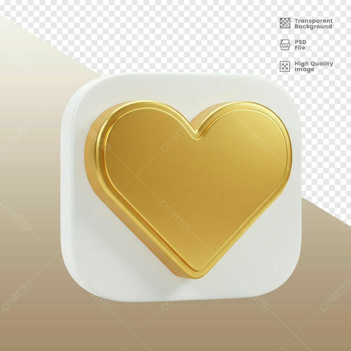 Ícone Coração Dourado 3D PSD Editável