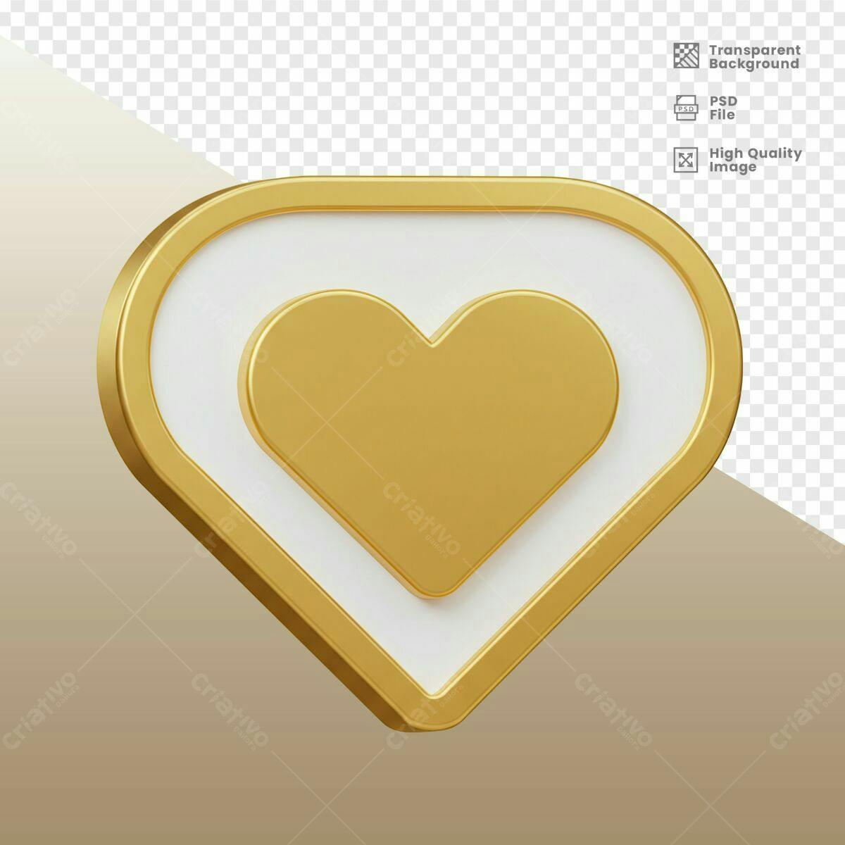 Ícone Coração Dourado em 3D PSD Editável