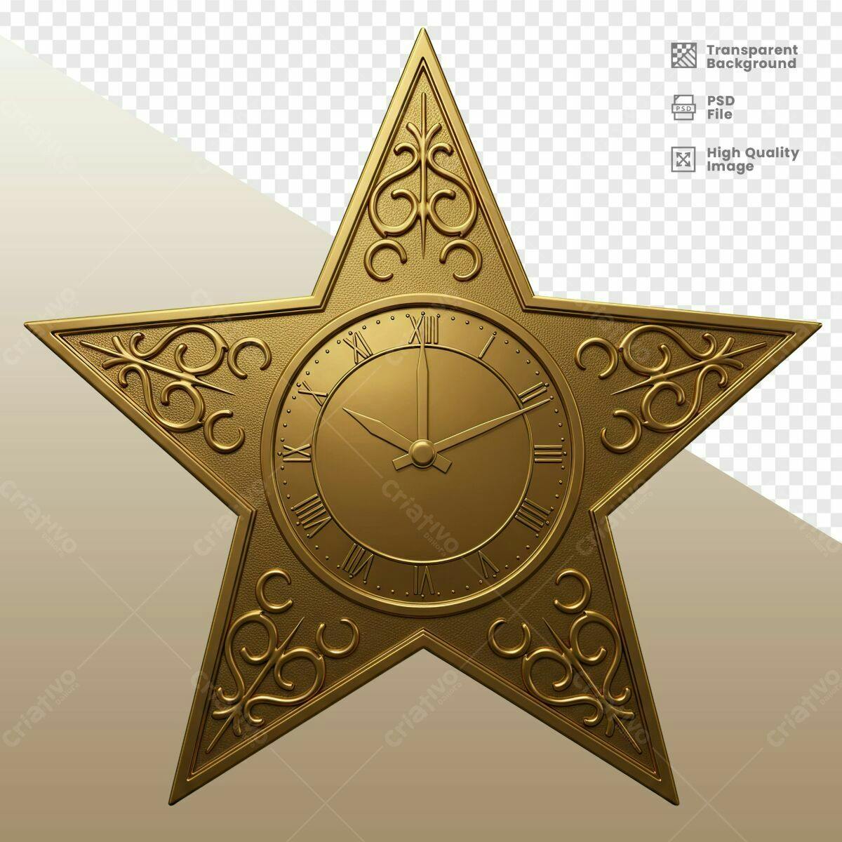 Relógio Estrela Ouro para Ano Novo PSD Editável