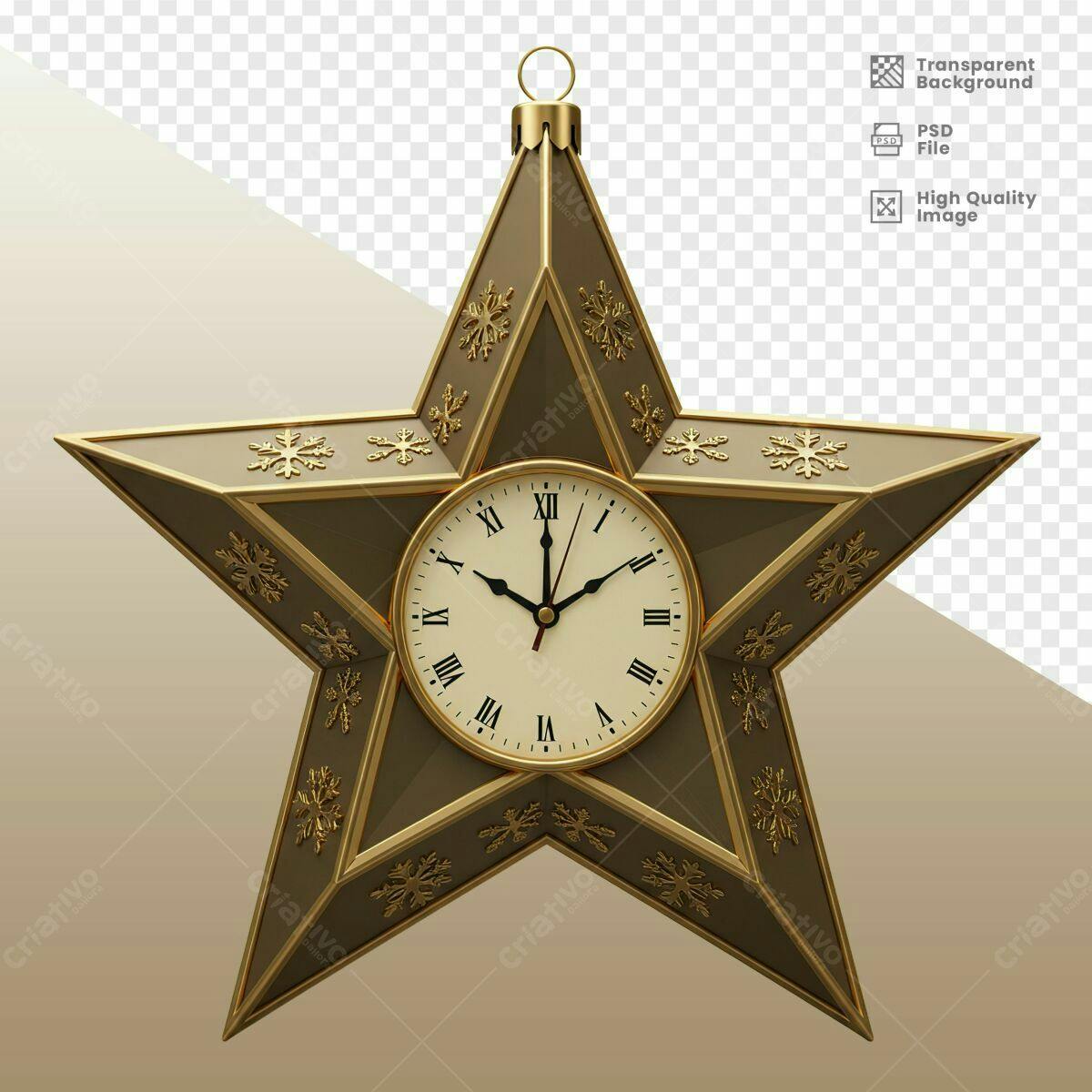 Enfeite de Natal em Formato de Estrela com Relógio PSD Editável