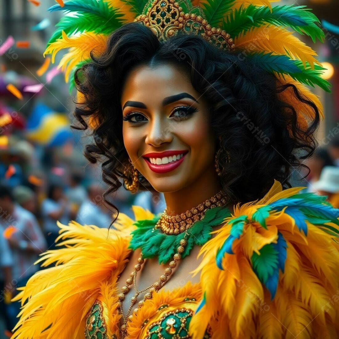 Mulher sorridente em traje de carnaval amarelo e verde