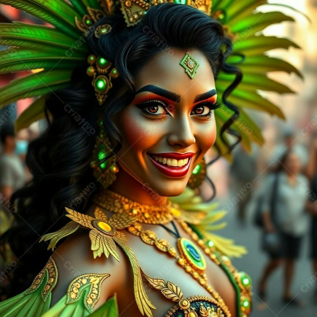 Rainha de Carnaval sorriso radiante penas verdes