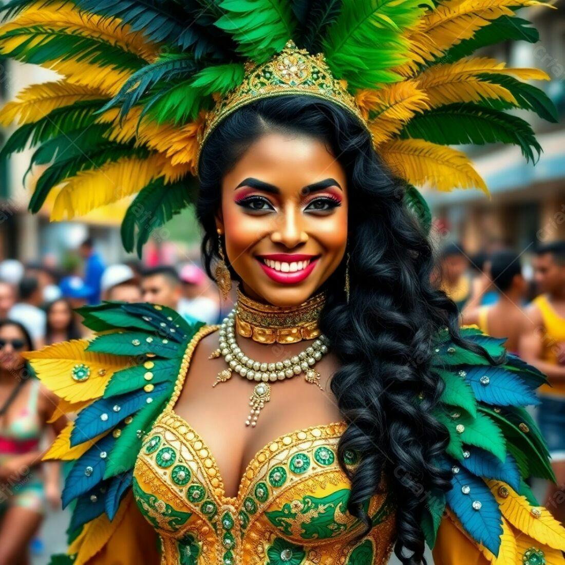 Mulher negra sorridente em fantasia de Carnaval