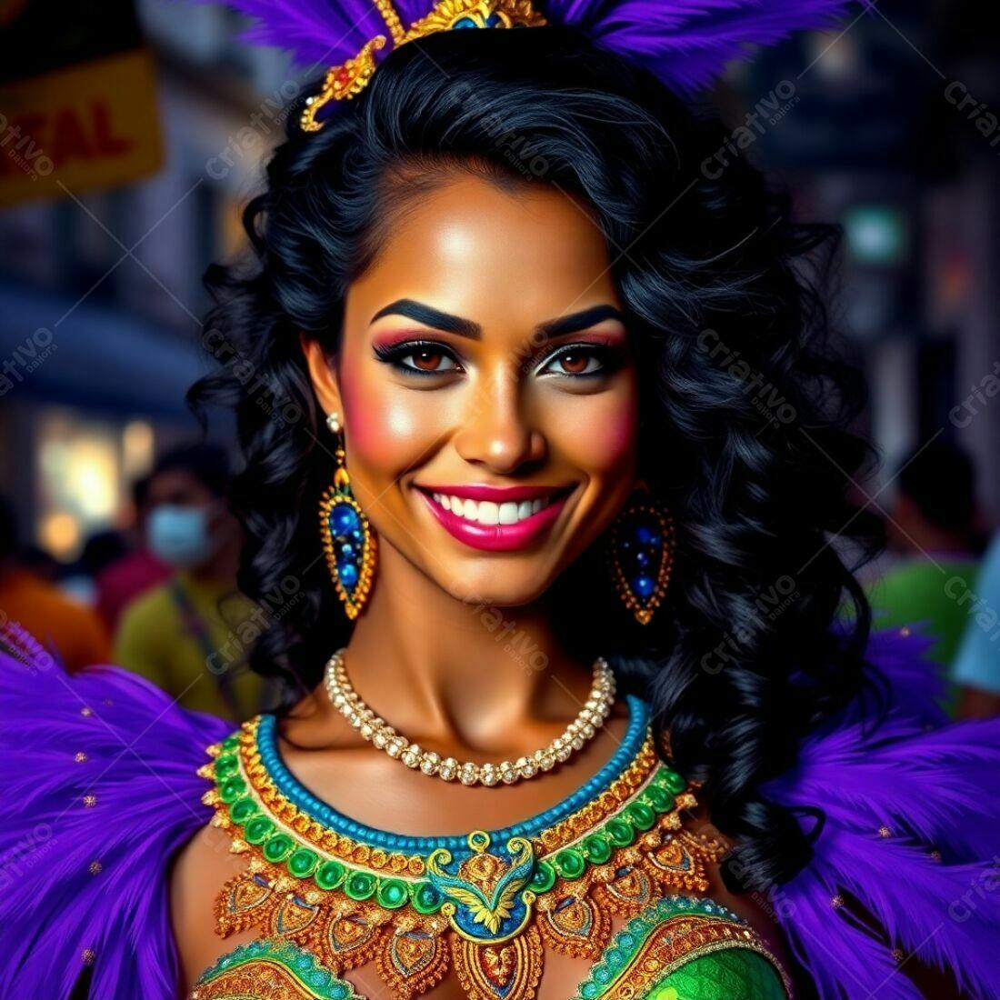 Modelo sorridente com fantasia de Carnaval