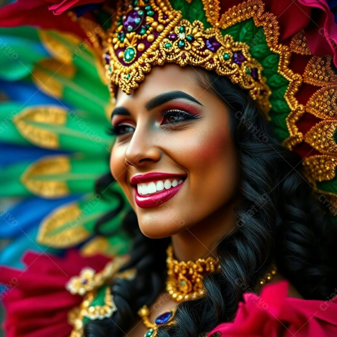 Rainha de Carnaval sorrindo com fantasia dourada e vermelha