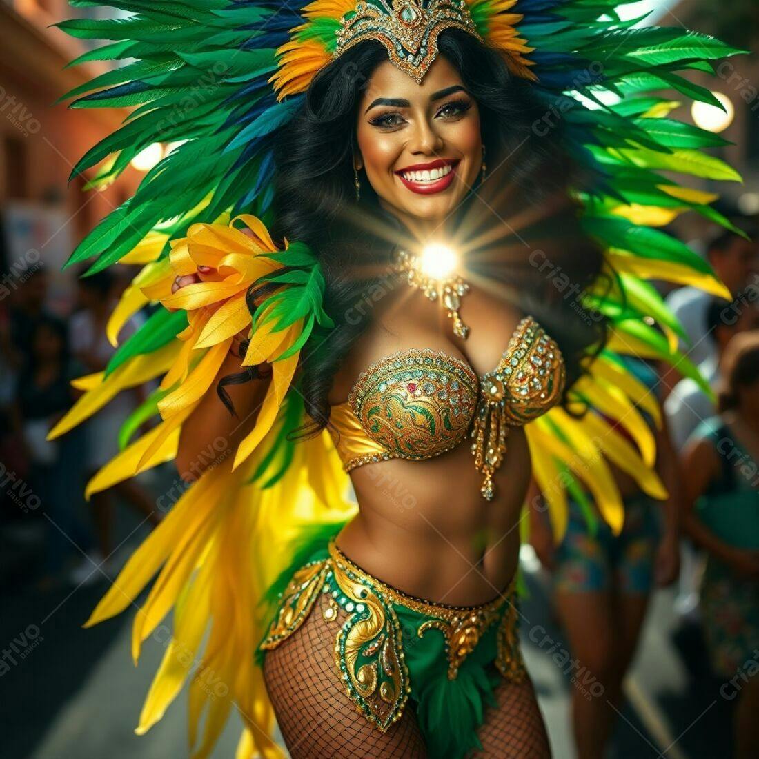 Modelo em fantasia de Carnaval verde e dourado