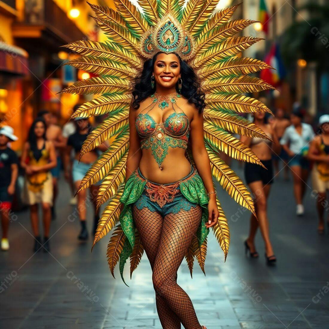 Bailarina em Carnaval com fantasia dourada e verde