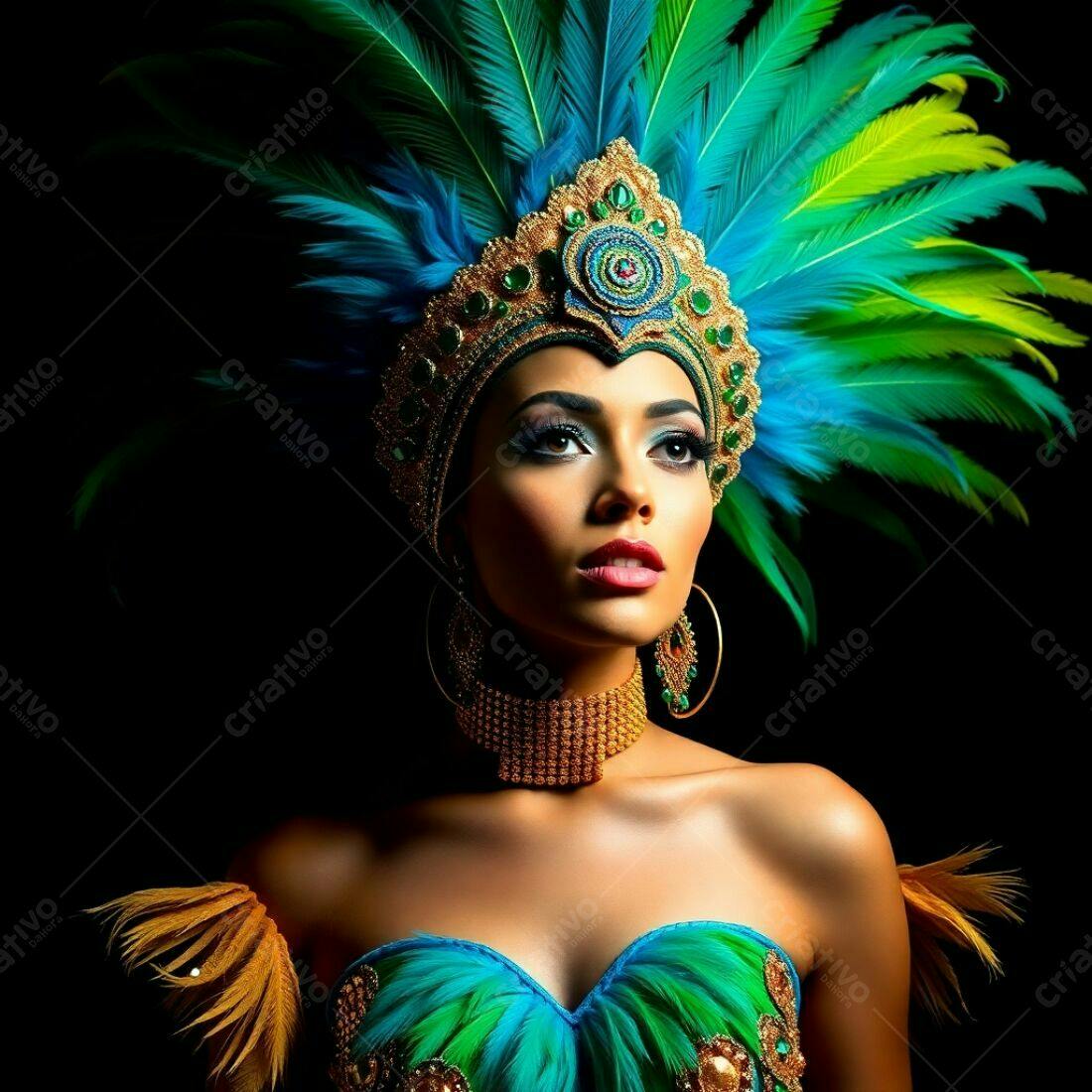 Modelo com fantasia de Carnaval azul e verde