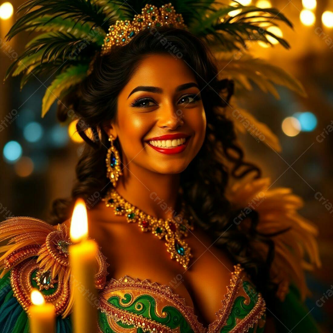Mulher sorridente em traje de carnaval dourado e verde