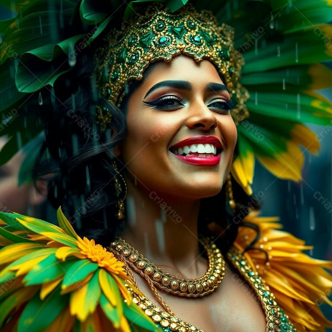 Mulher sorridente em traje de carnaval sob chuva