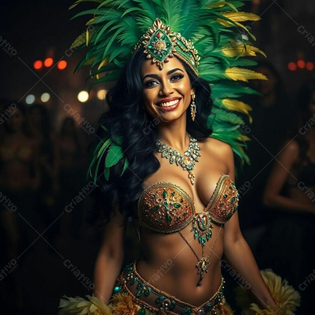 Bailarina brasileira com fantasia verde e dourada